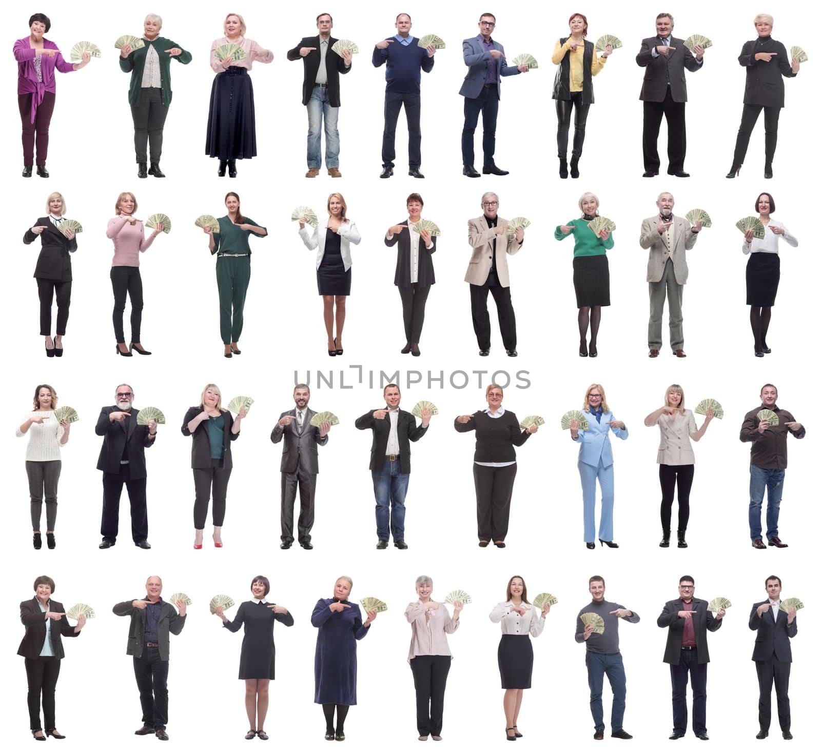 group of successful business people with money isolated on white background