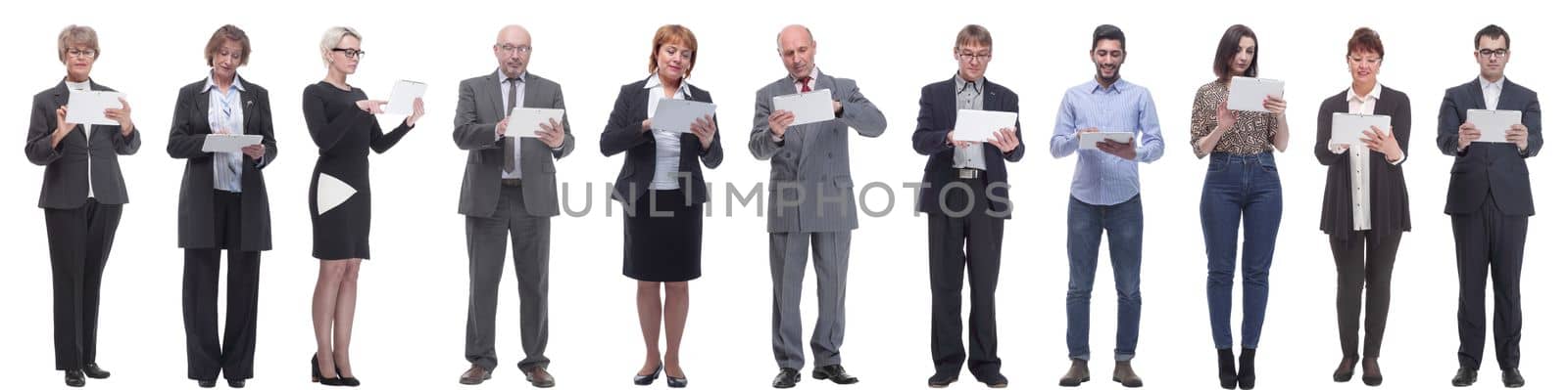 group of people holding tablet and looking into it isolated on white background