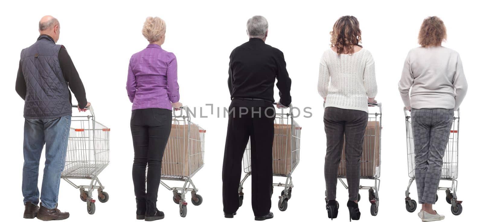 a group of people with a cart stand with their backs isolated by asdf