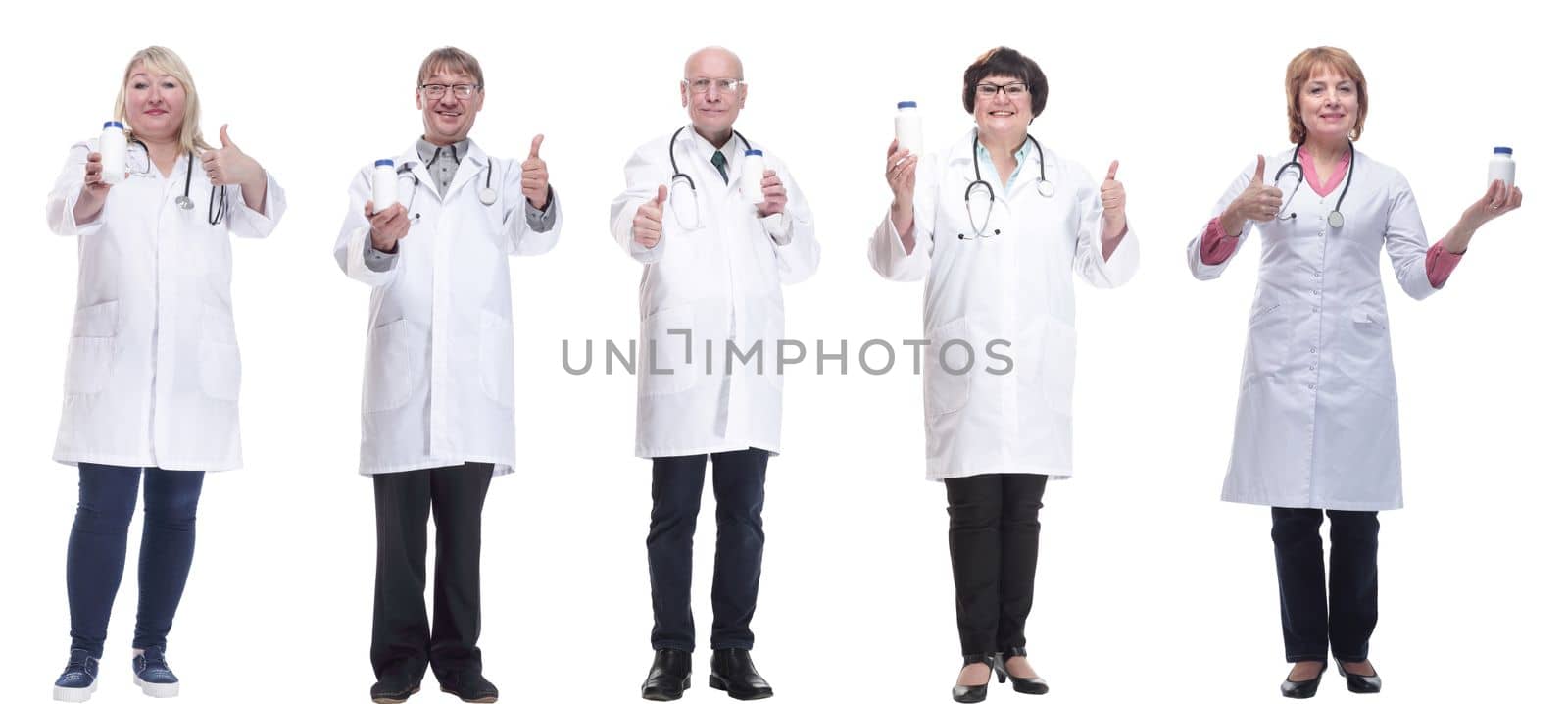 group of doctors holding jar isolated on white background