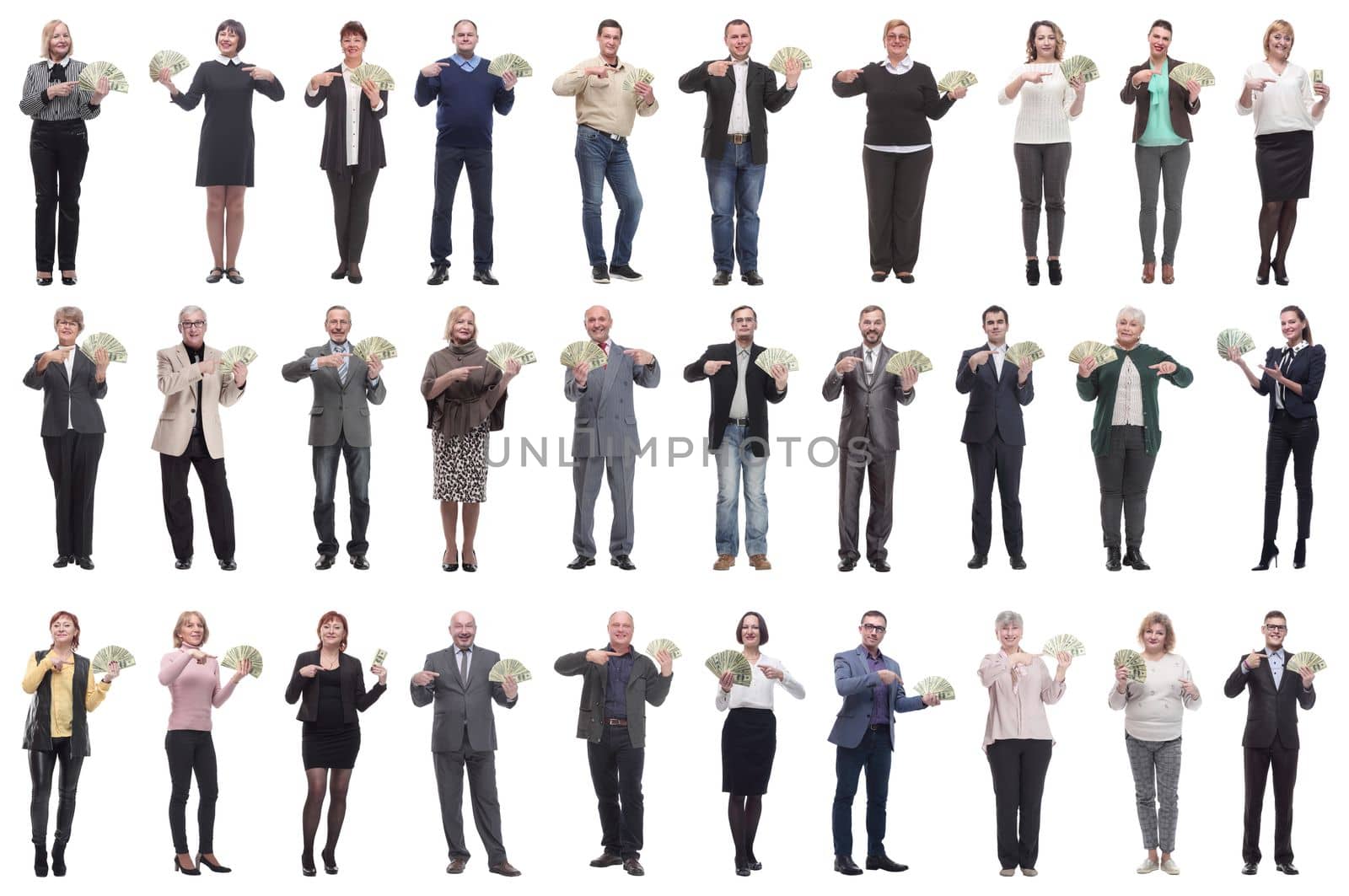 group of successful business people with money isolated on white background