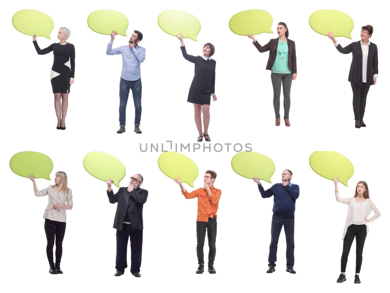 group of successful business people with comments isolated on white background
