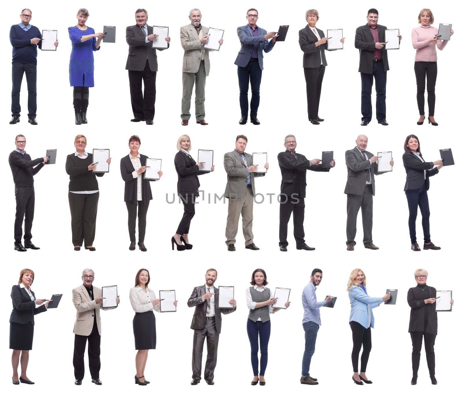 group of successful people with notepad in hands isolated on white background
