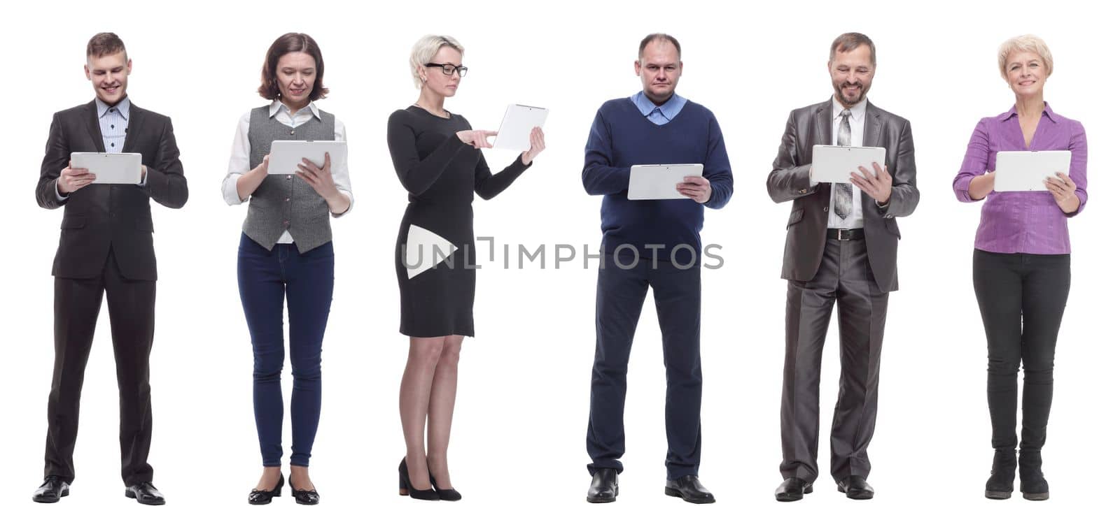 group of people holding tablet and looking into it isolated on white background