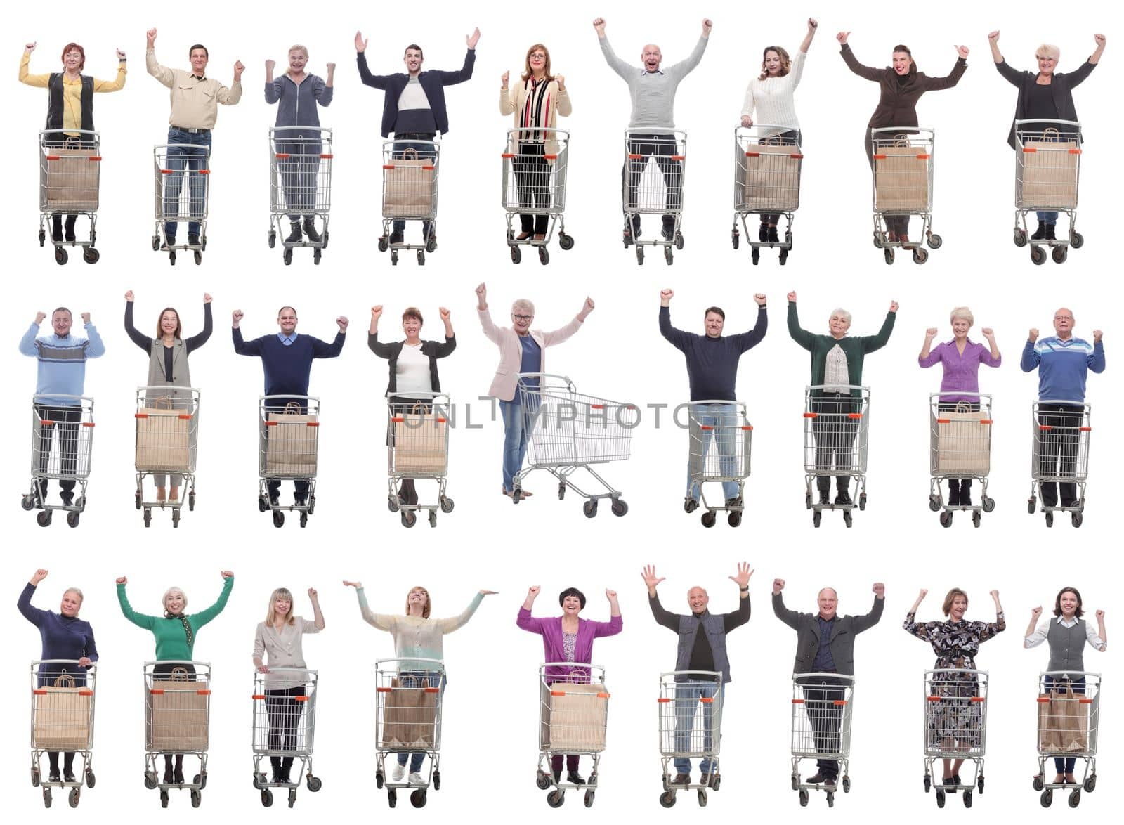 group of people with cart raised their hands up isolated on white background