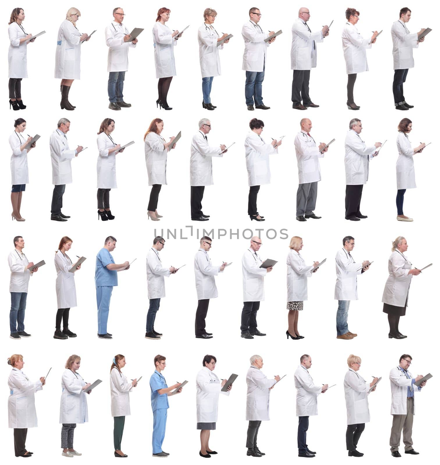 full length group of doctors with notepad isolated on white background