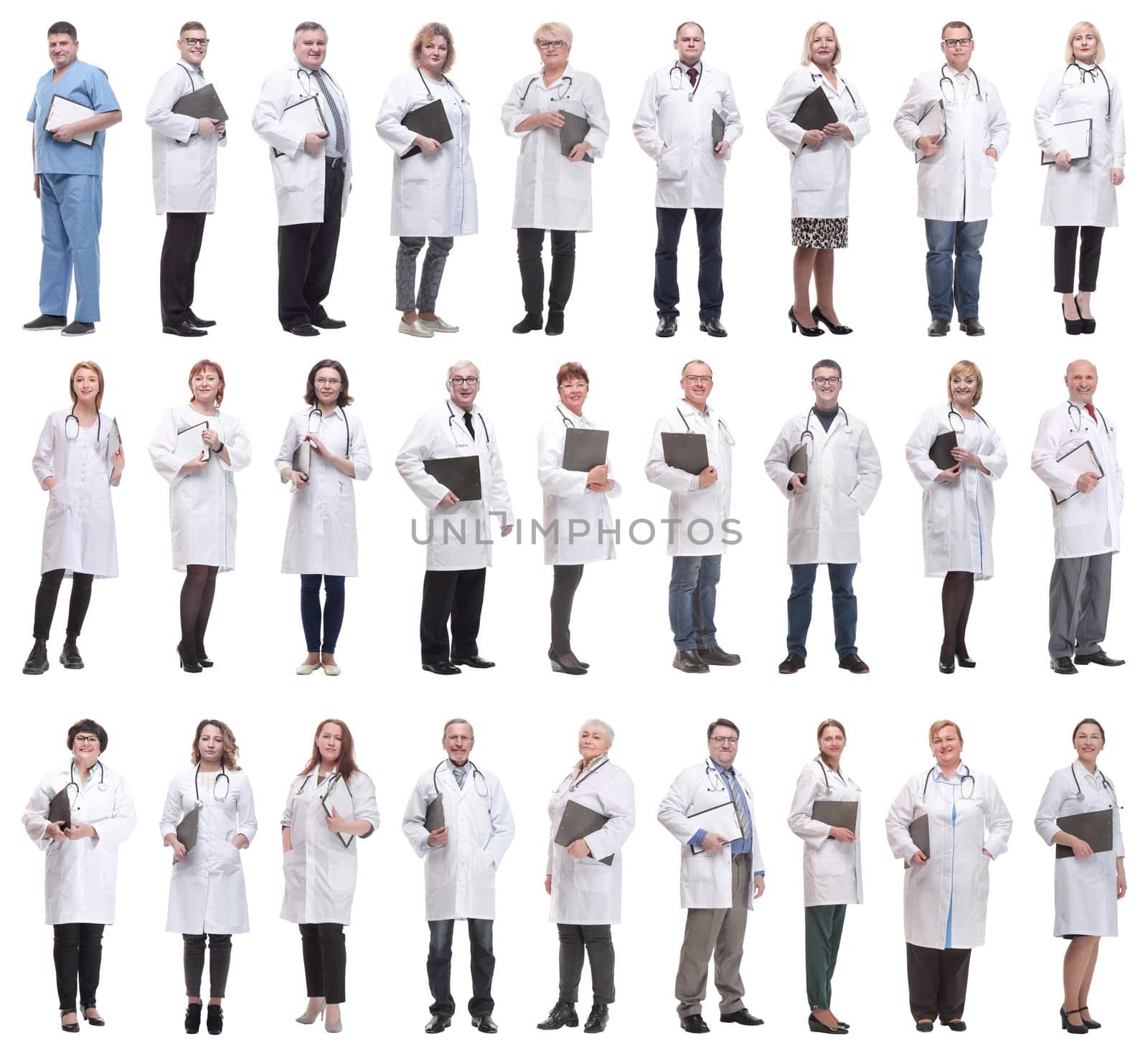 full length group of doctors with notepad isolated on white background