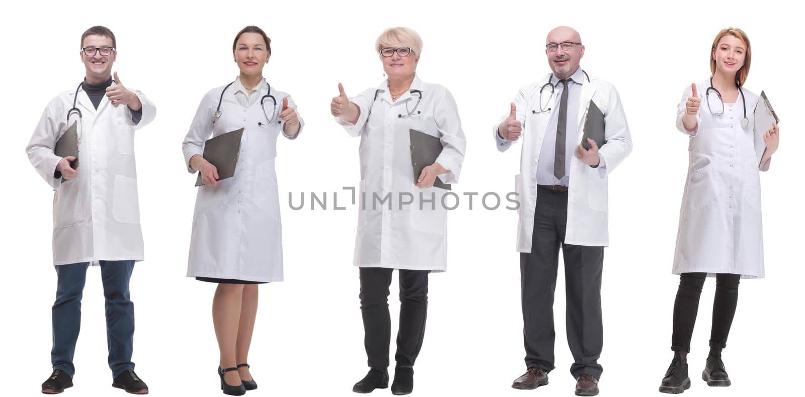 full length group of doctors with notepad isolated on white background