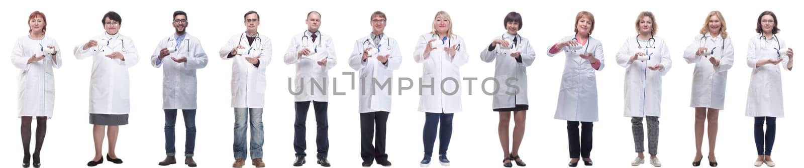 group of doctors holding jar isolated on white background