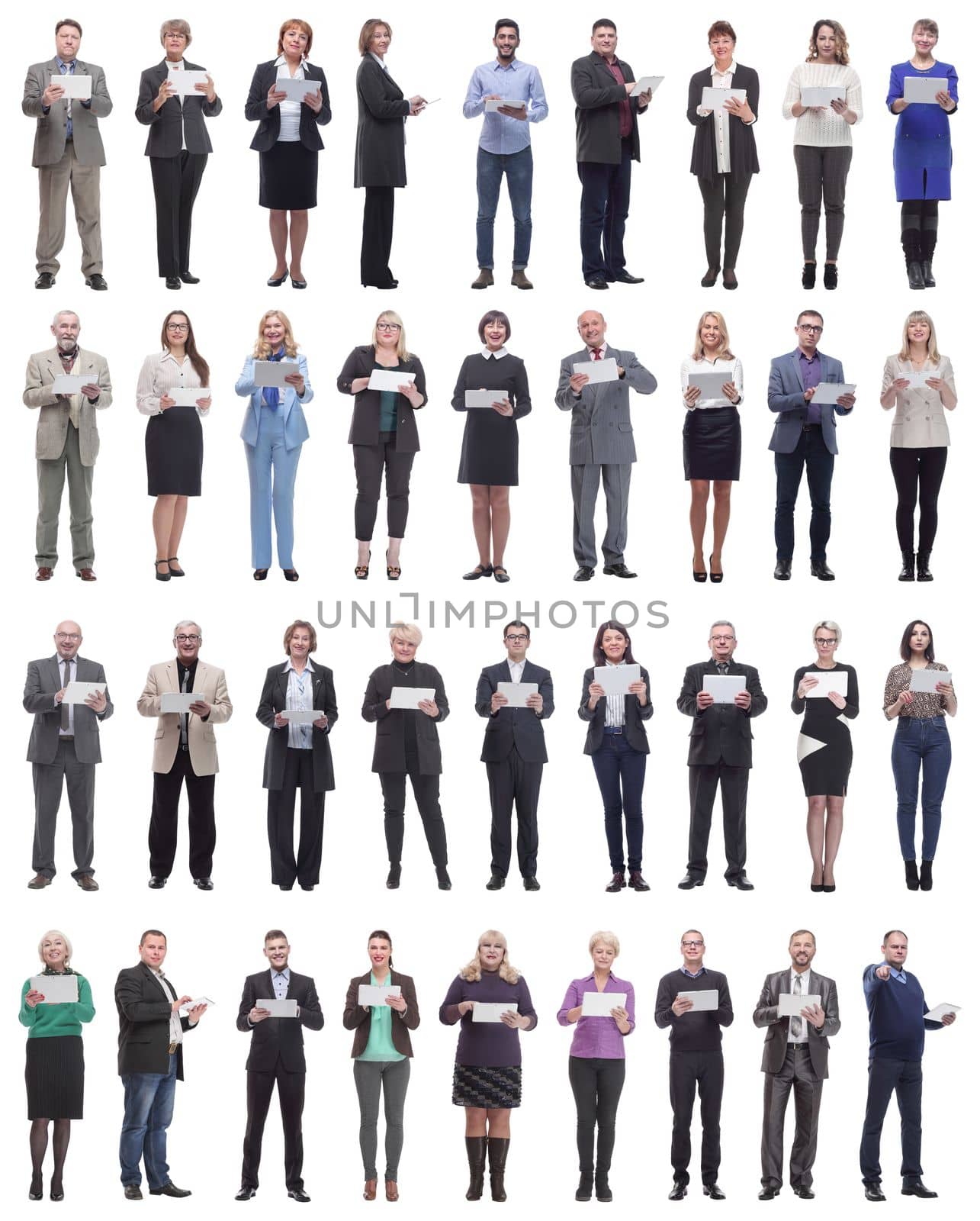 group of people demonstrating tablet looking at camera isolated on white background