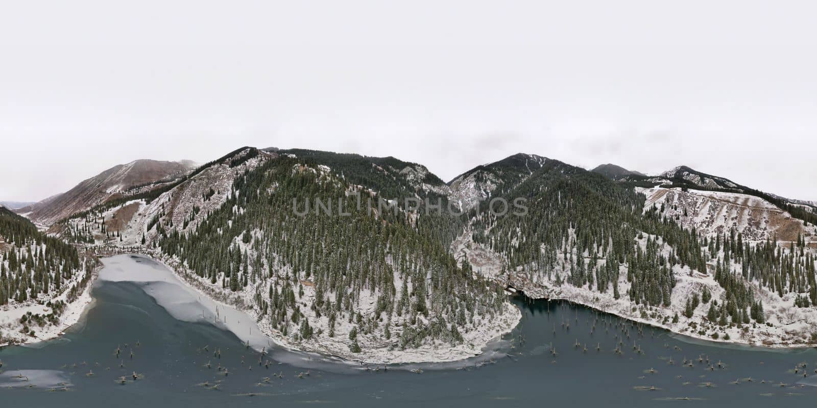 Kaindy Mountain Lake in winter. Drone view by Passcal
