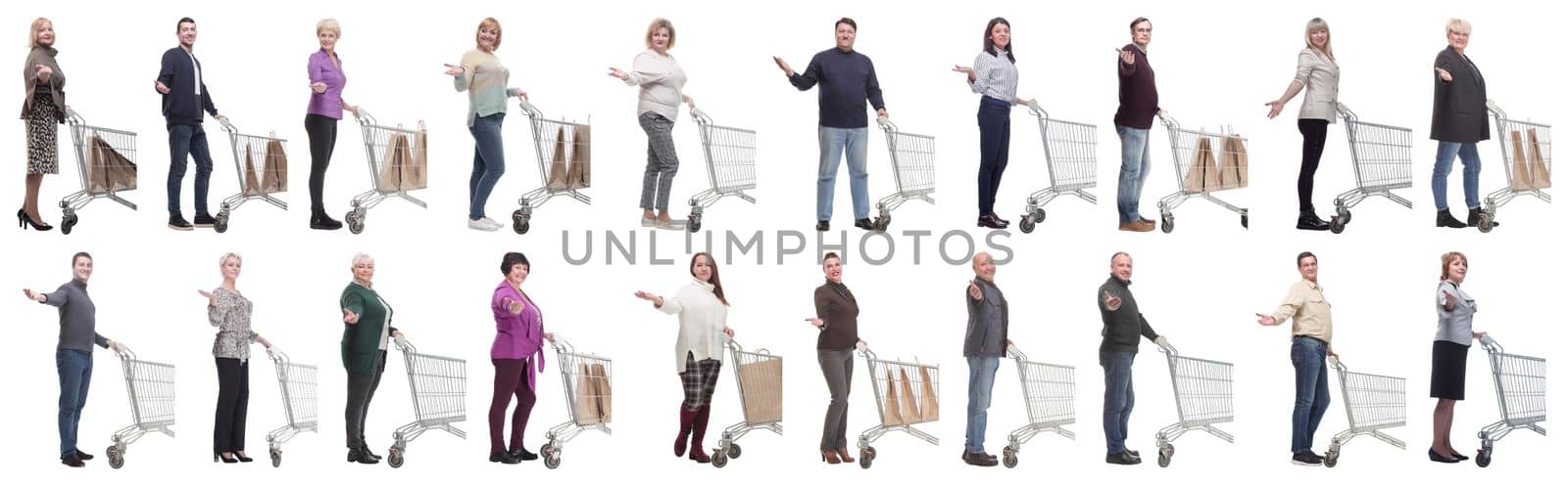 group of people with shopping cart on white background