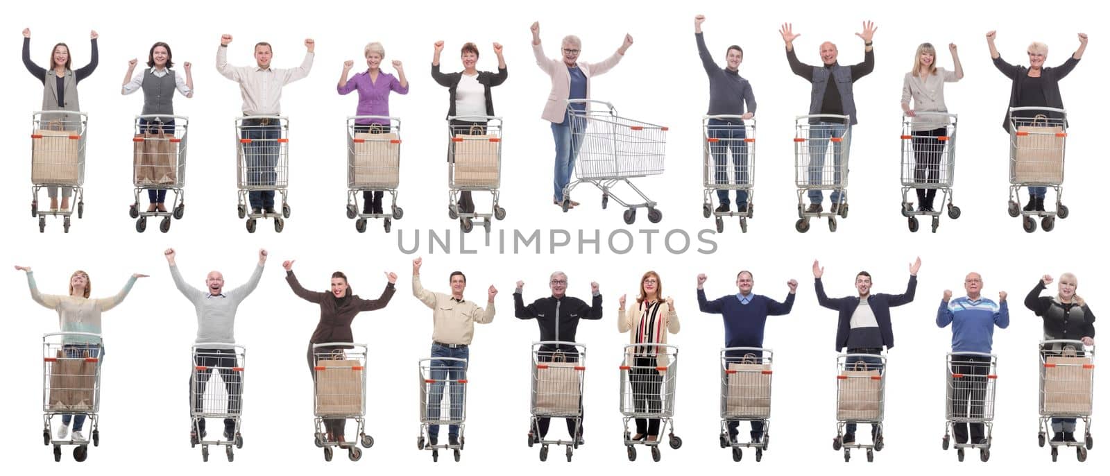 group of people with cart raised their hands up isolated on white background