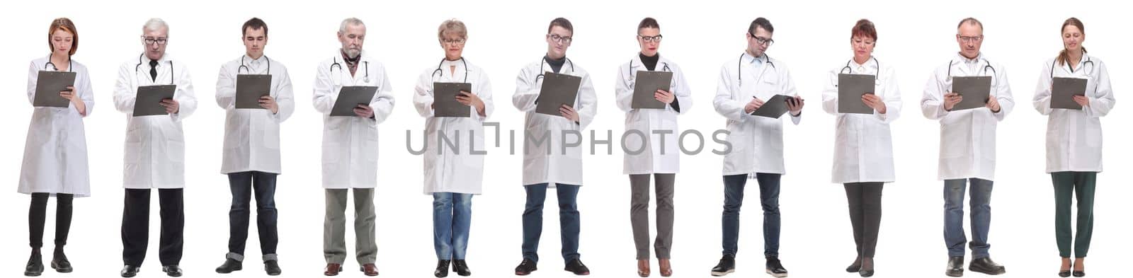 full length group of doctors with notepad isolated on white background