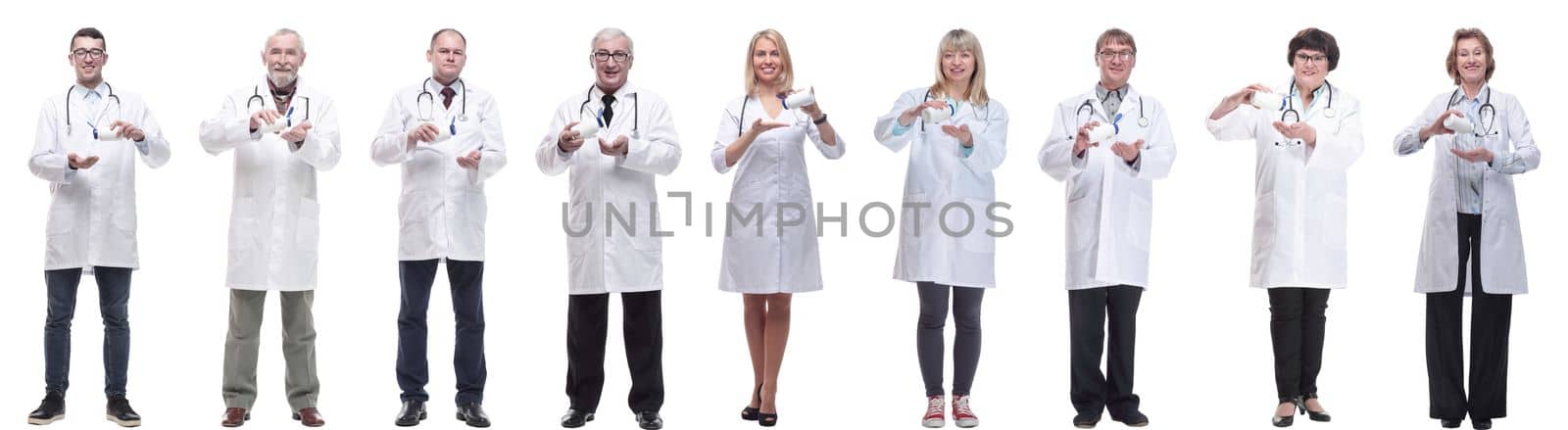 group of doctors holding jar isolated on white background