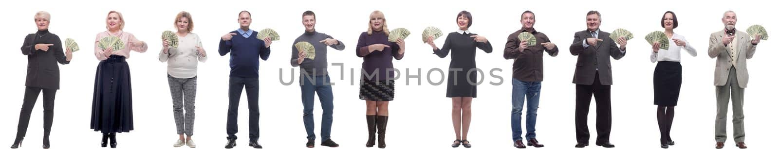 group of successful business people with money isolated on white background