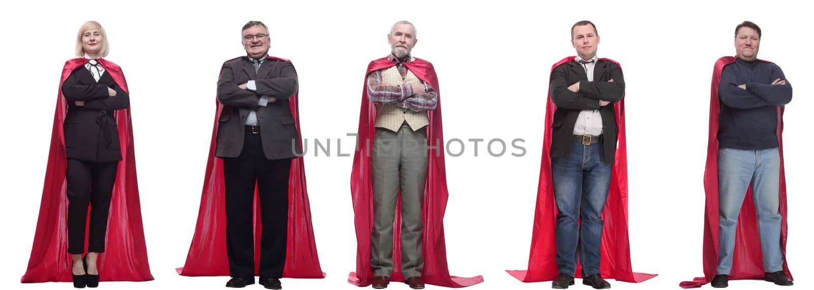 group of people in red raincoat isolated on white background