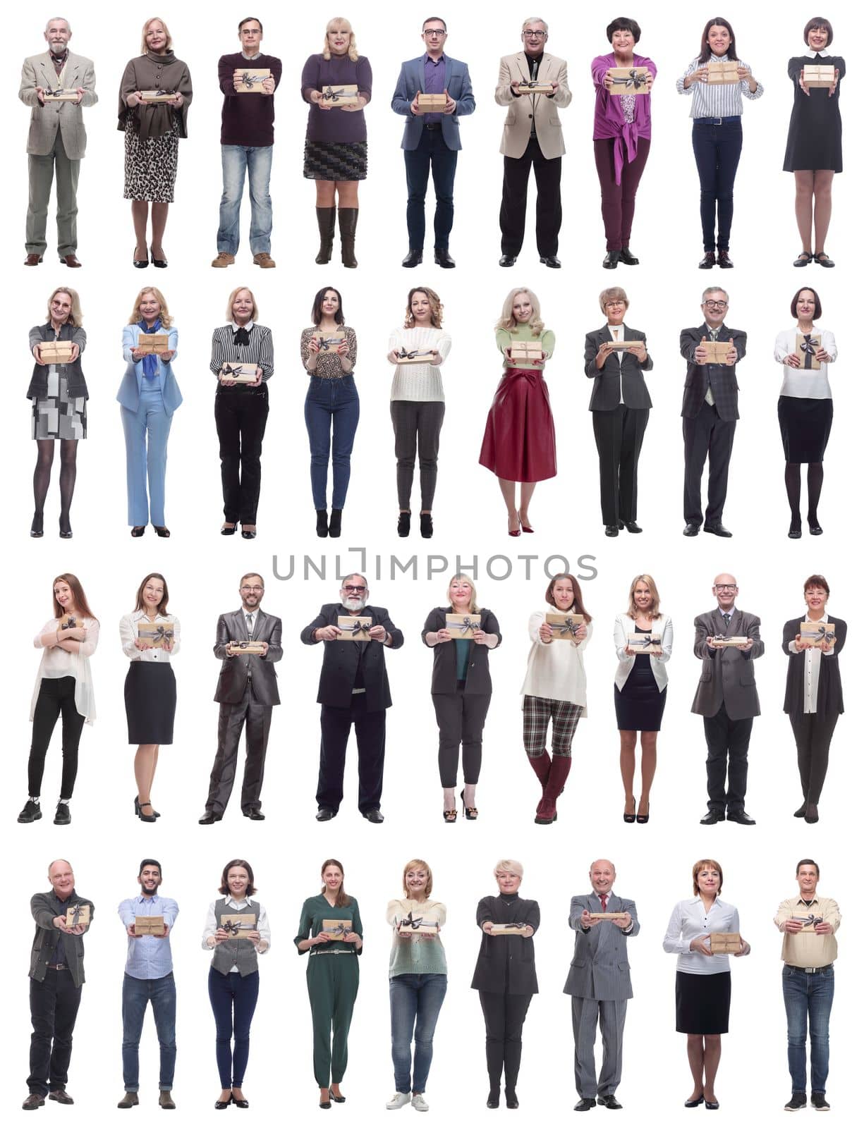 group of happy people with gifts in their hands isolated on white background