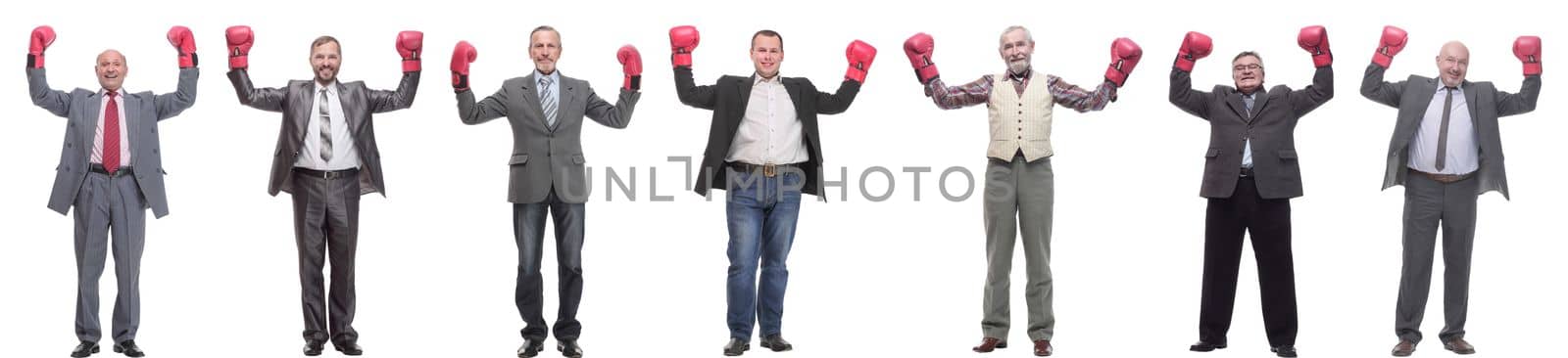 collage of businessmen in boxing gloves isolated on white background
