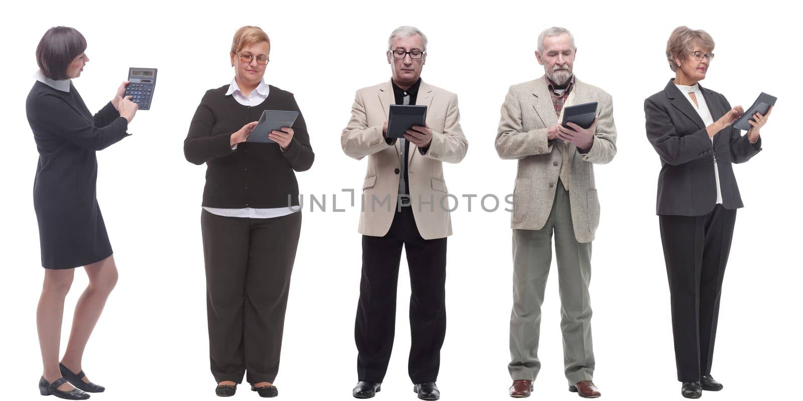 collage group of successful financiers with calculator isolated on white background