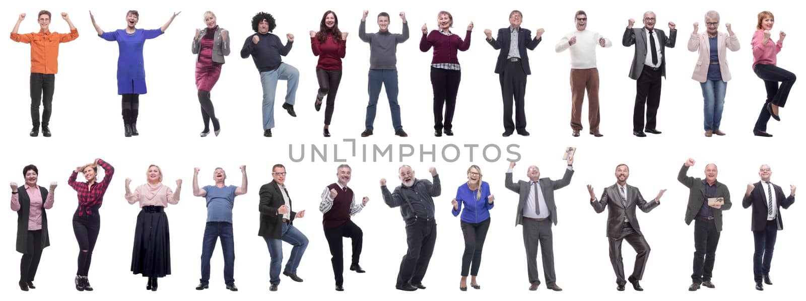 collage of people joyful energetic full length isolated on white background