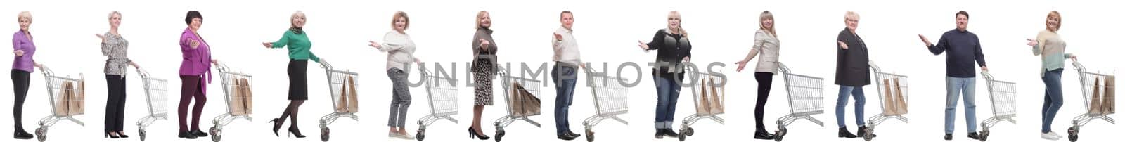 group of people with shopping cart on white background