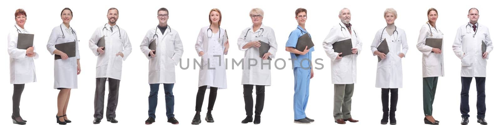 full length group of doctors with notepad isolated on white background