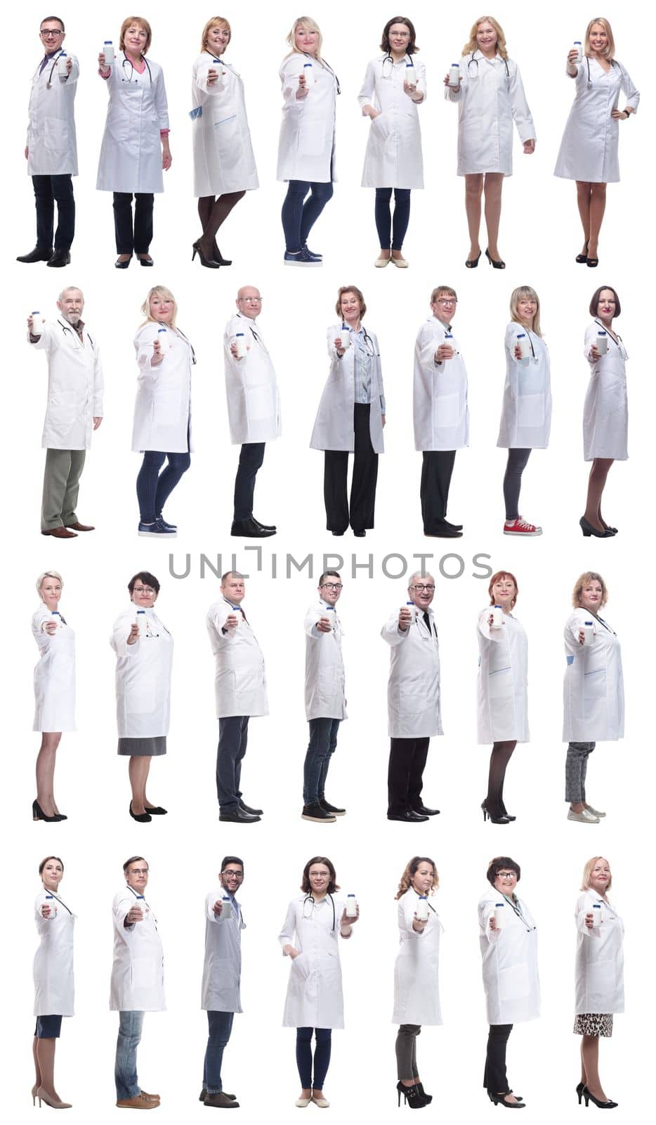 group of doctors holding jar isolated on white background