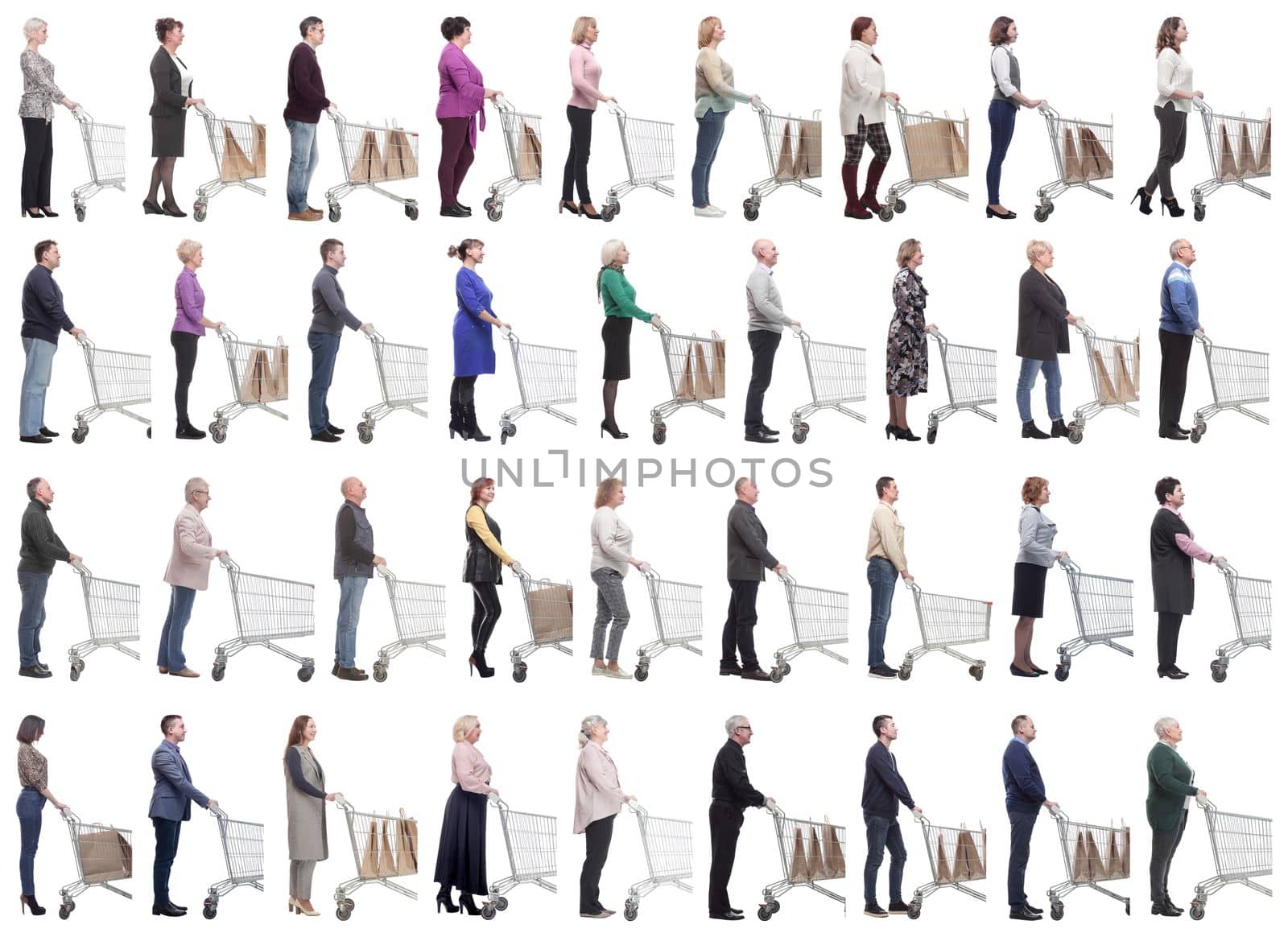group of people with cart looking ahead isolated on white background