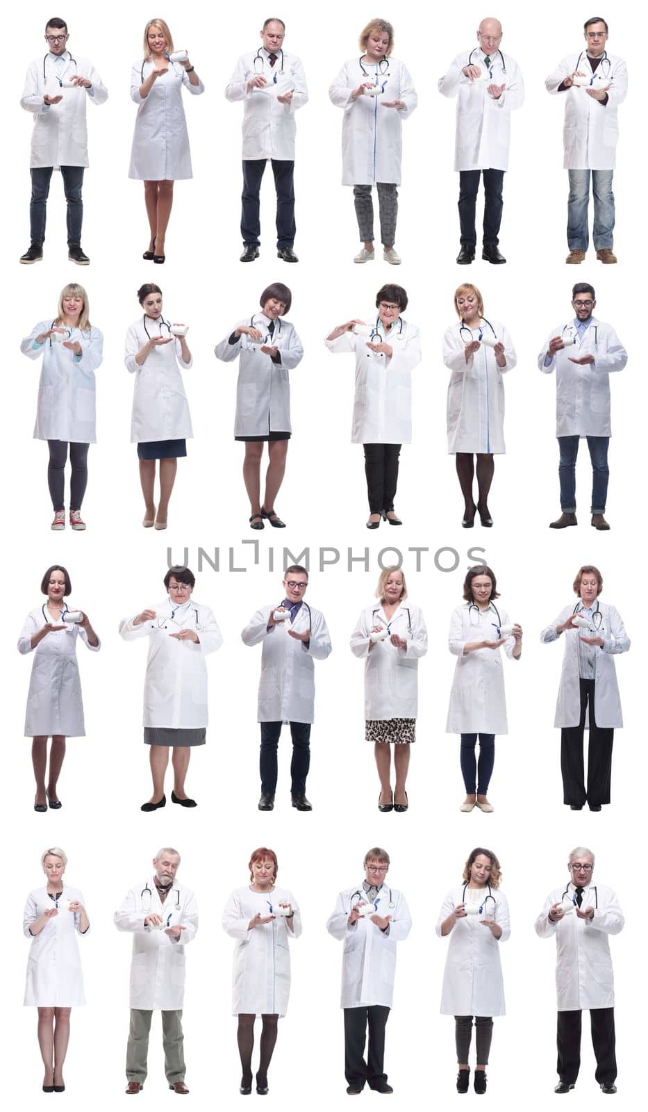 group of doctors holding jar isolated on white background