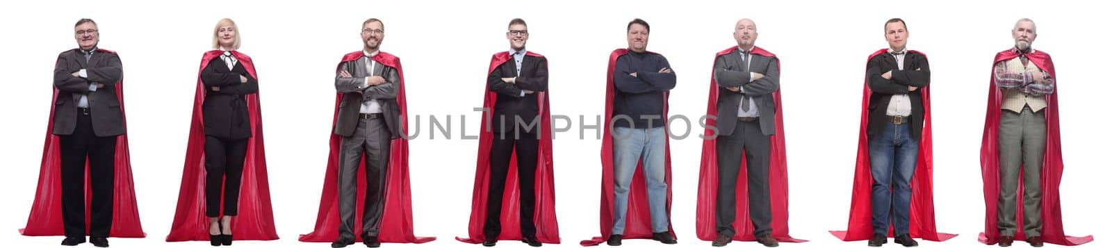 group of people in red raincoat isolated on white background