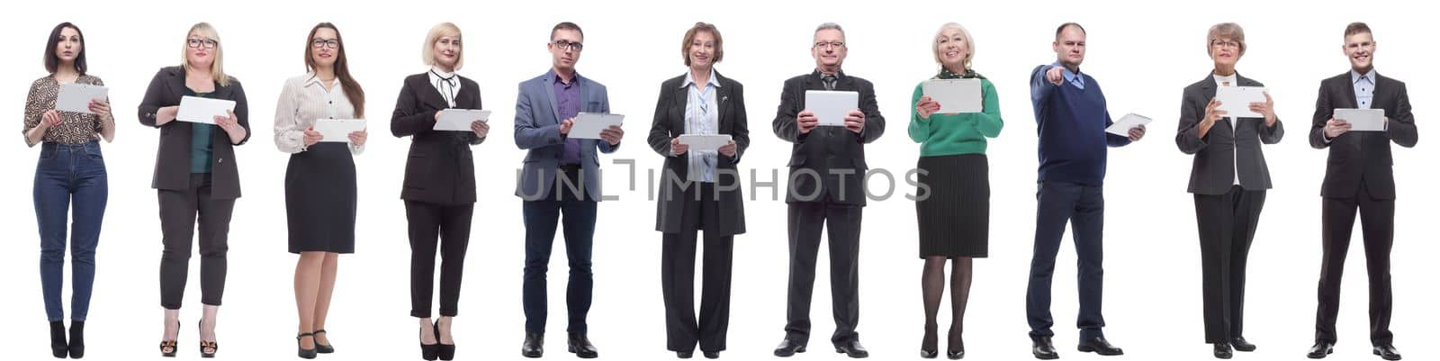 group of people demonstrating tablet looking at camera isolated on white background