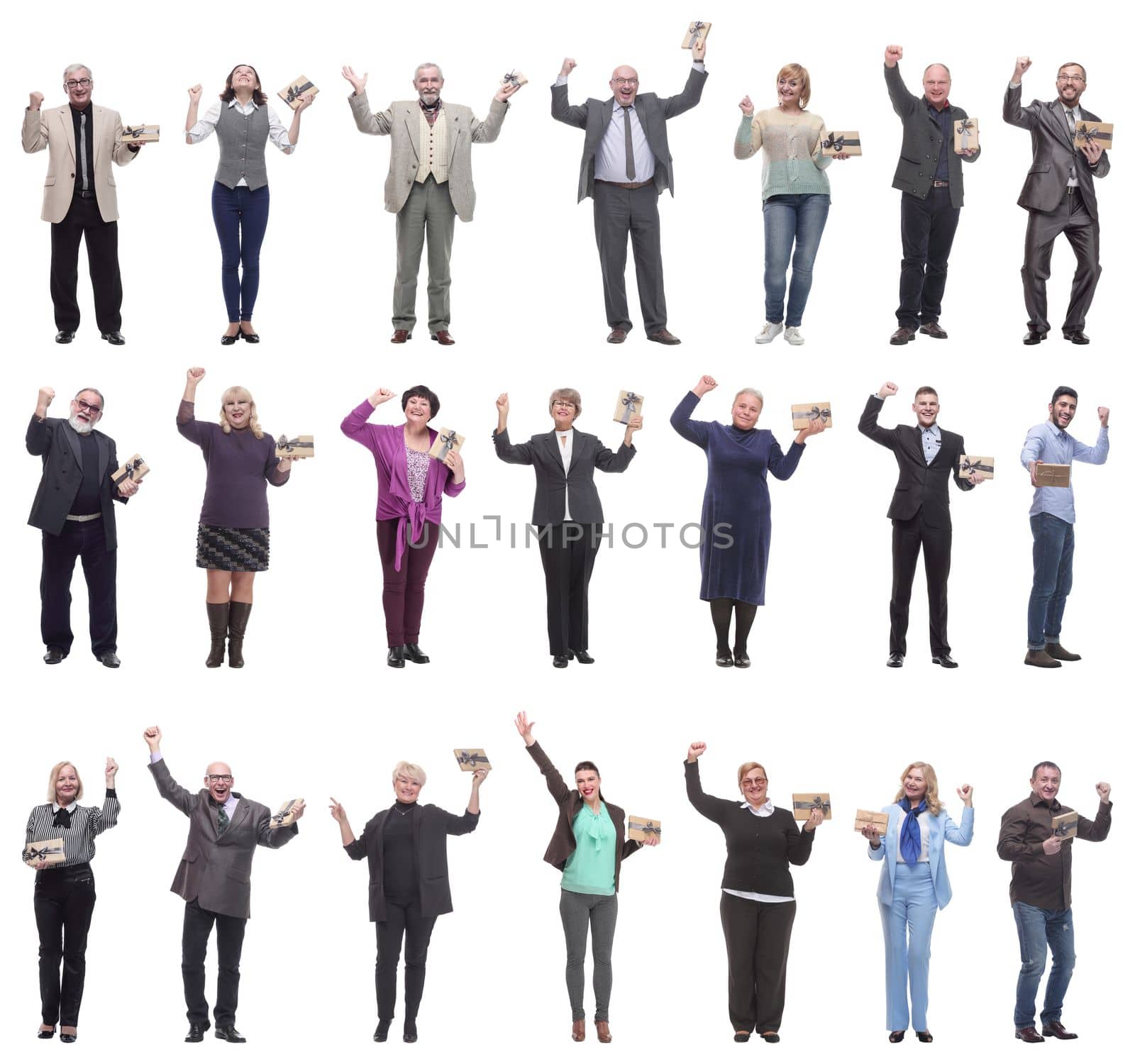 group of happy people with gifts in their hands isolated on white background