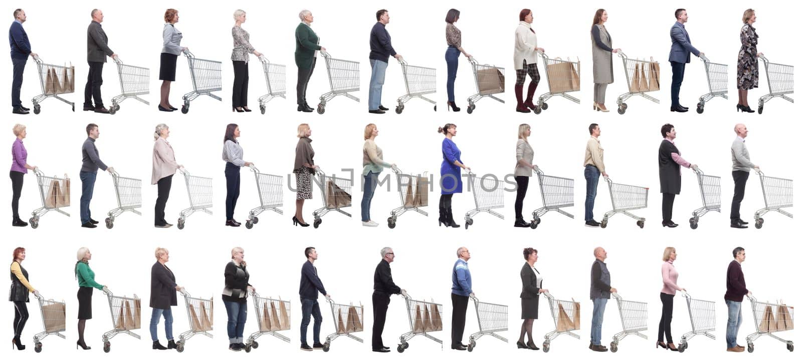 group of people with cart looking ahead isolated on white background