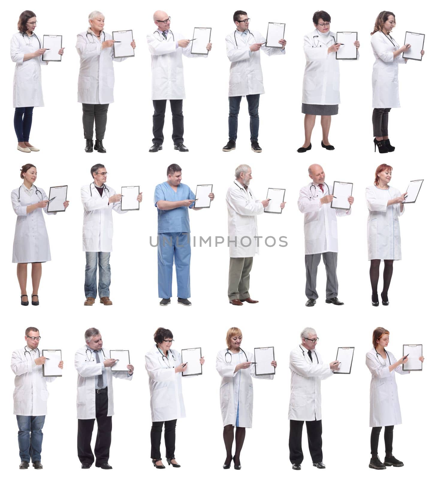 full length group of doctors with notepad isolated on white background