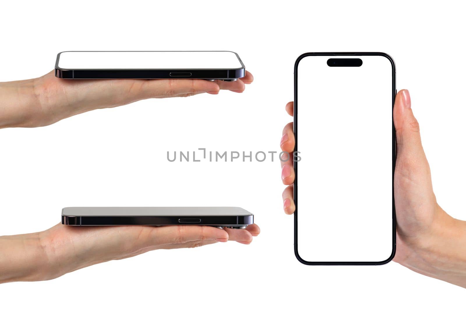 Phone in hand, set. Modern, new phone in hand isolated on white background from different angles. Mockup set, smartphones in hands from different sides to be inserted into the project.
