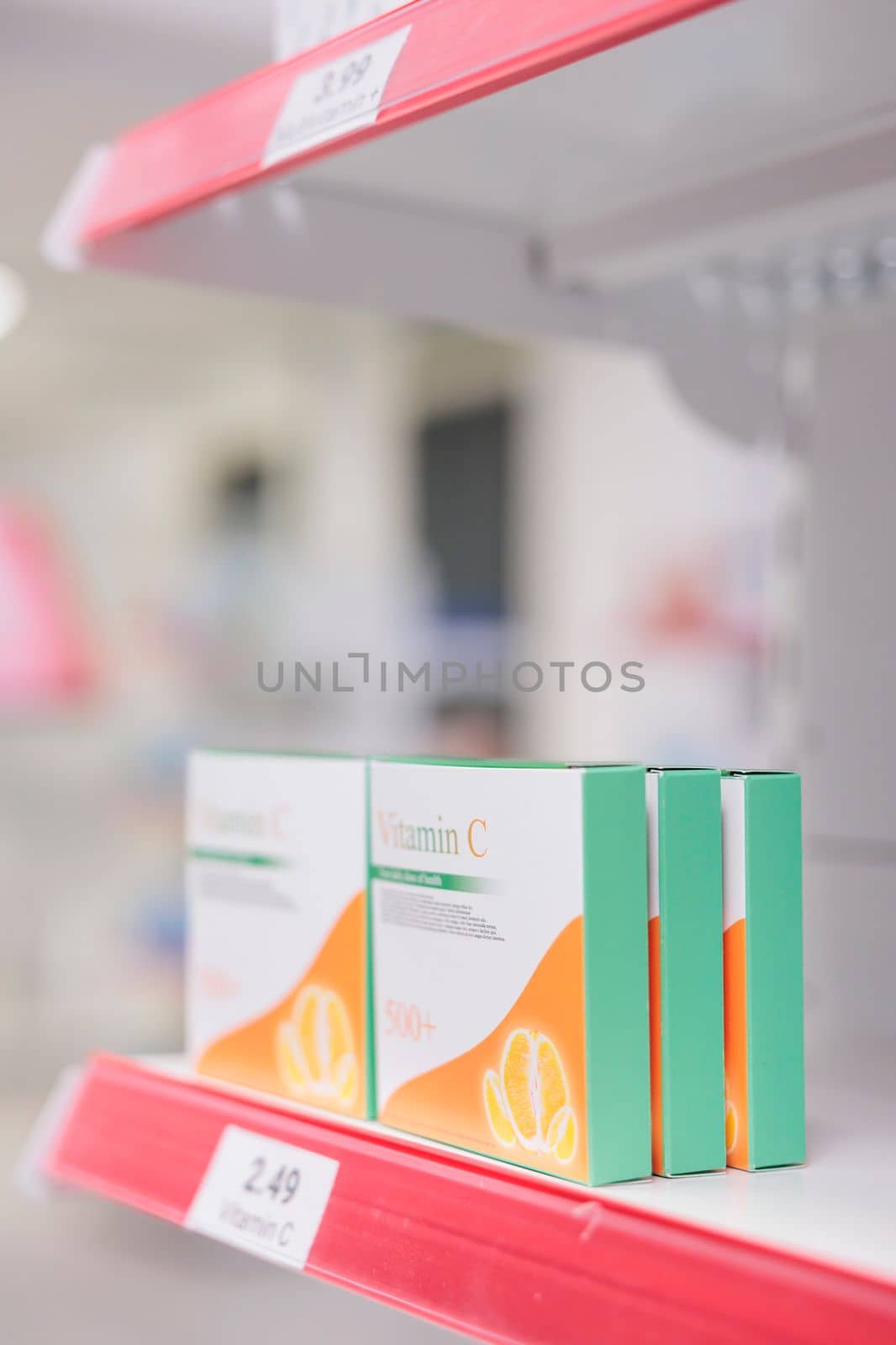 Empty pharmacy shop with cardiology medicaments and treatment on shelves, used by customers to buy healthcare pills and pharmaceutical products. Drugstore with supplements, medication and drugs.