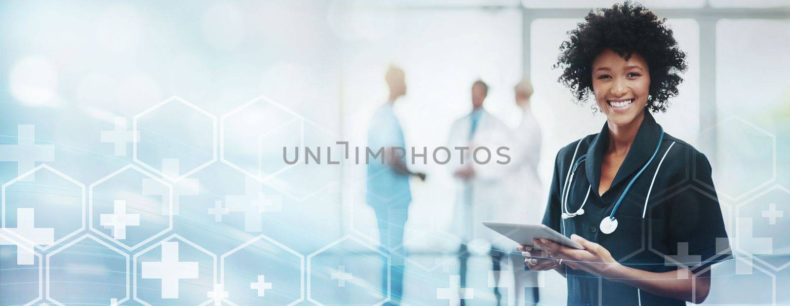 Doctor, tablet technology and hospital overlay in portrait for wellness, healthcare or analysis in mockup space. Medic woman, touchscreen tech or 3d hologram mock up for strategy, health and research by YuriArcurs