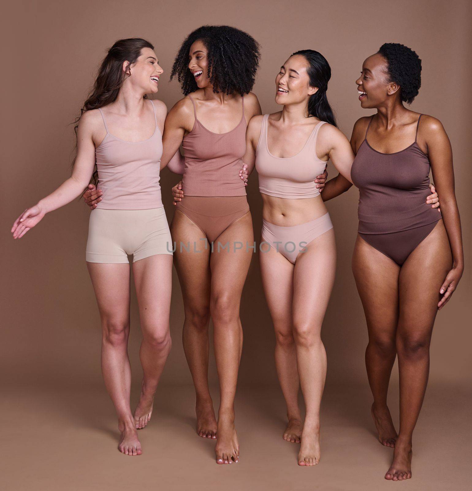 Women diversity, body positivity and happy hug of a group of model friends smile about skin beauty. Wellness, solidarity and proud woman community celebrate skincare, natural cosmetics and health by YuriArcurs