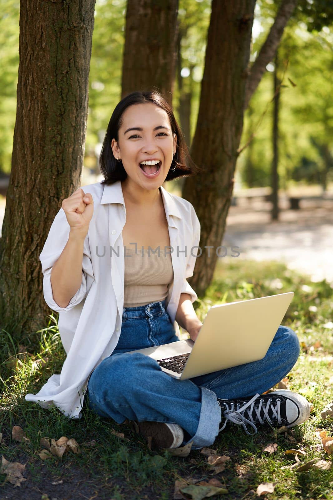 Enthusiastic young asian girl, sitting with laptop beside tree in green sunny park, celebrating, triumphing and smiling by Benzoix