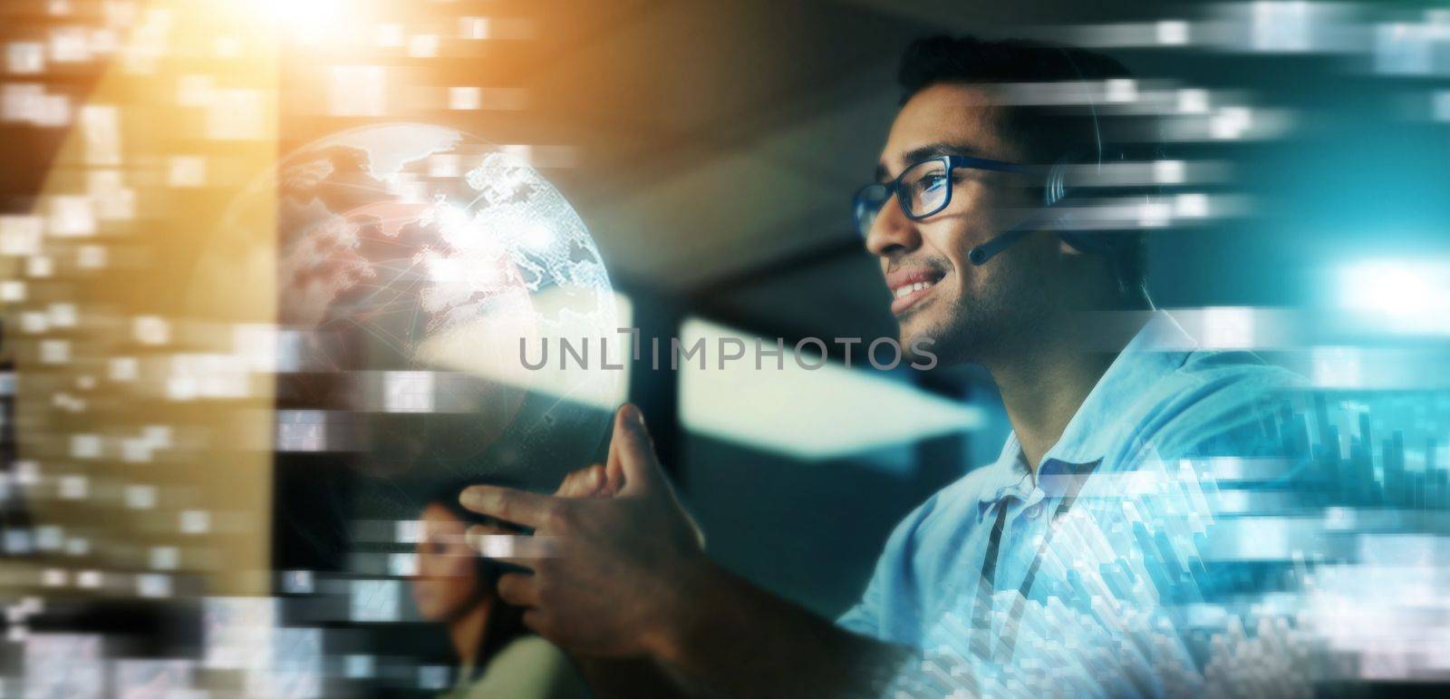 Businessman, hologram and global communication in call center for futuristic IT support or digital transformation at night in double exposure. Male consultant in big data, telemarketing or networking.