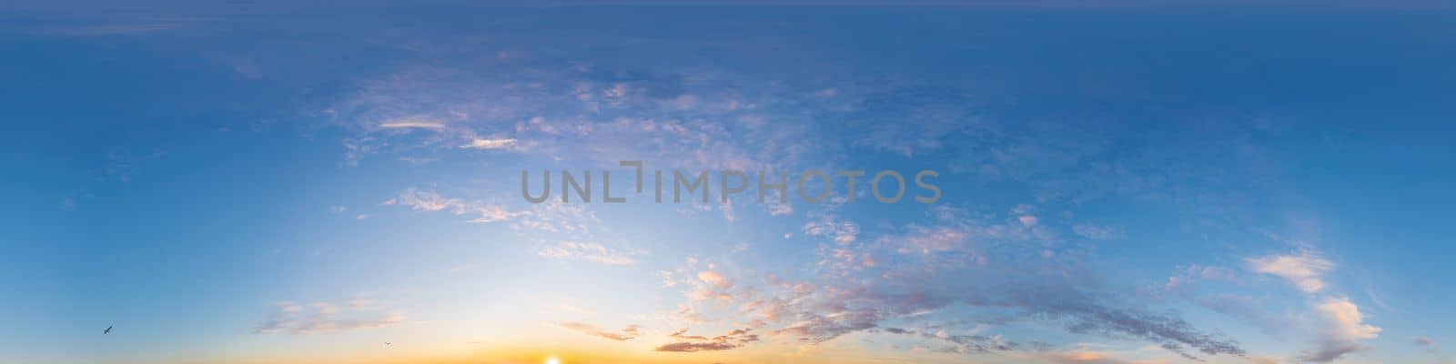 Dark blue sunset sky panorama with pink Cumulus clouds. Seamless hdr 360 pano in spherical equirectangular format. Full zenith for 3D visualization, game, sky replacement for aerial drone panoramas