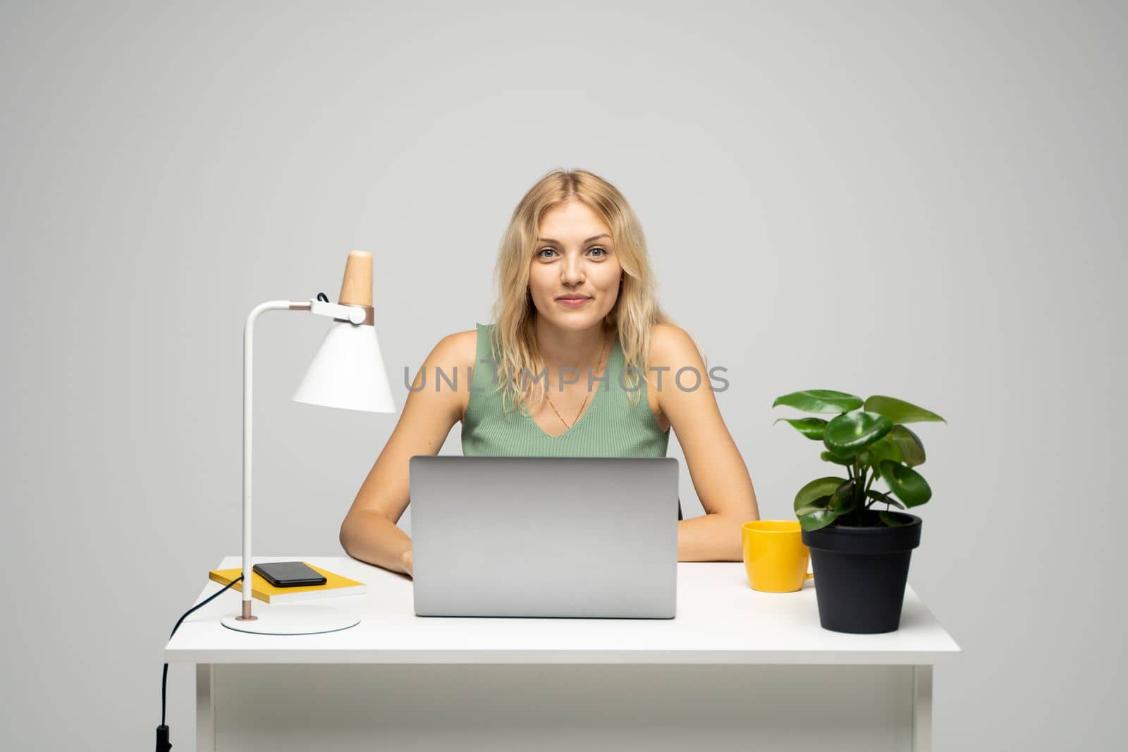 Portrait of attractive blonde woman business woman, entrepreneur, freelancer sitting at a table with a laptop computer