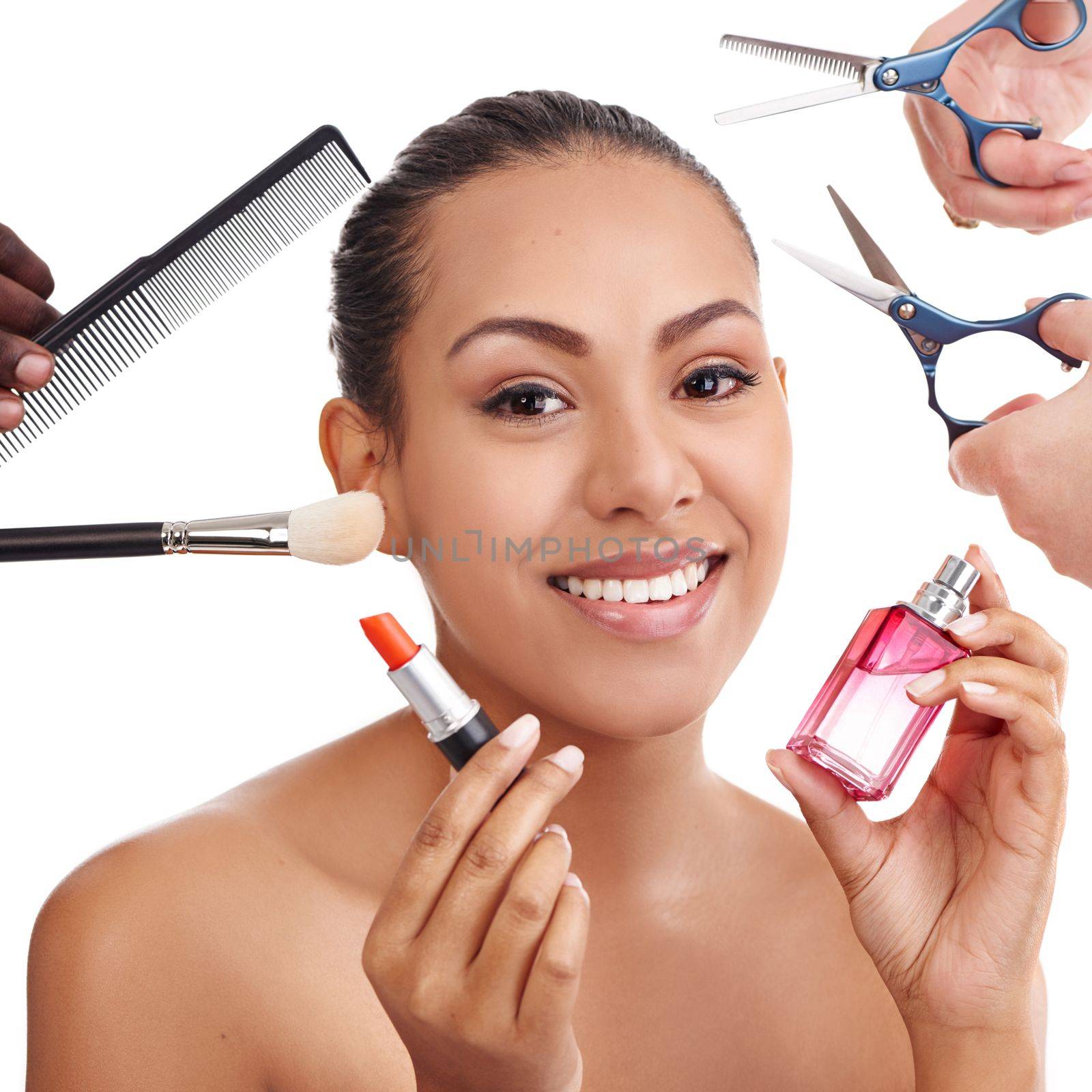 Beauty time. Studio shot of a young woman surrounded by beauty and style products