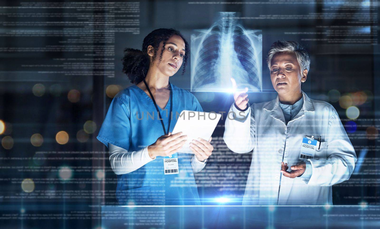 Doctors, healthcare or tablet with abstract lungs in tuberculosis, cancer or heart analytics in night hospital teamwork. Futuristic, hologram or breathing organ on technology for women collaboration by YuriArcurs