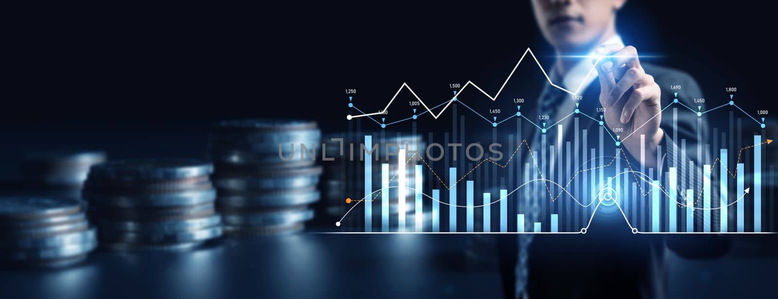 Businessman analyst working with digital finance business data graph showing technology of investment strategy for perceptive financial business decision. Digital economic analysis technology concept.