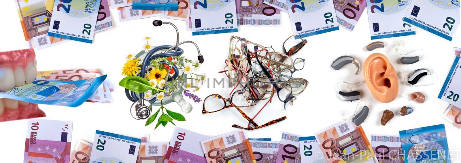 stethoscope and the euro banknotes, Medical cost concept - dental care, , broken glasses,hearing aids