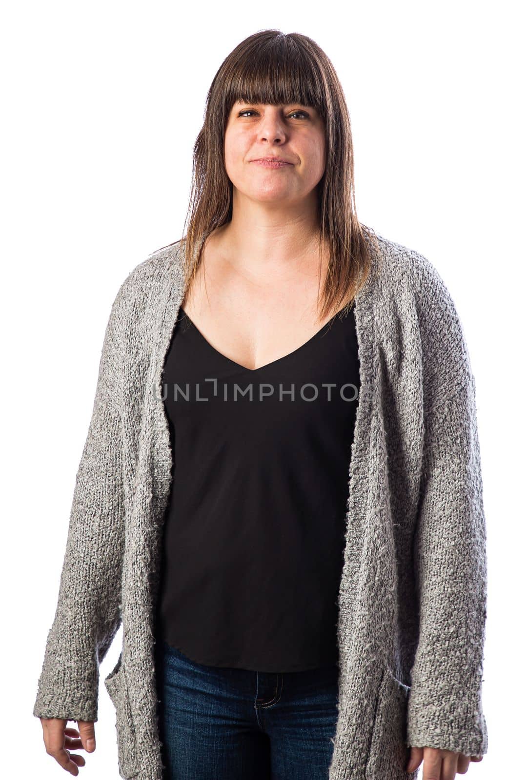 Isolated portrait of a forty year old woman, wearing a gray vest