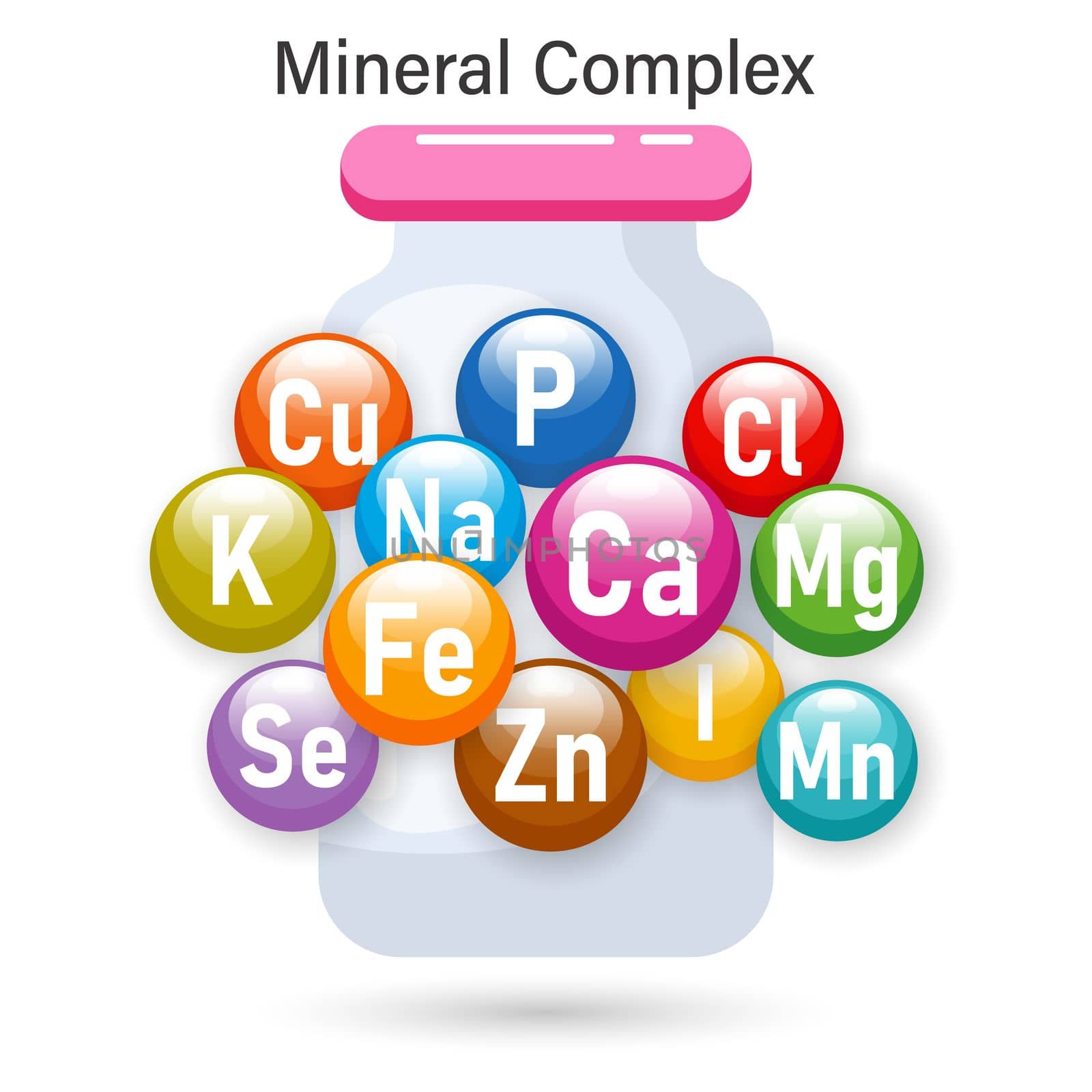 Mineral complex of healthy nutrition. Illustration of mineral icons in a medicinal vial. The concept of medicine and healthcare.