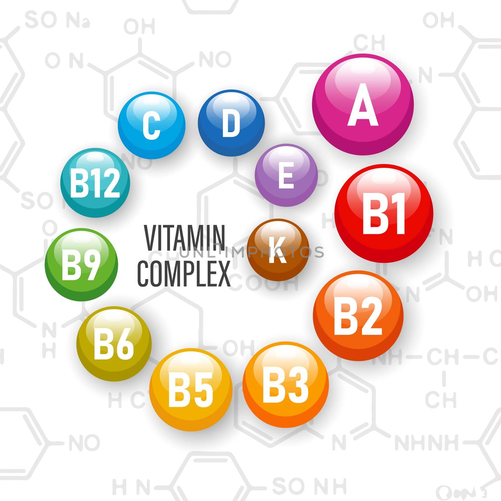 Healthy nutrition vitamin complex.Illustration of vitamin icons on the background of chemical formulas. The concept of medicine and healthcare.